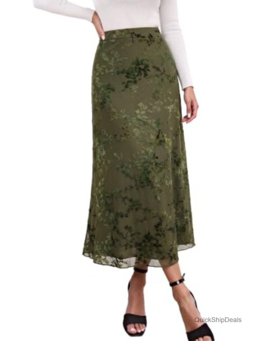 Flowy Mesh Floral Midi Skirt Gothic A-Line High Waisted Goth
